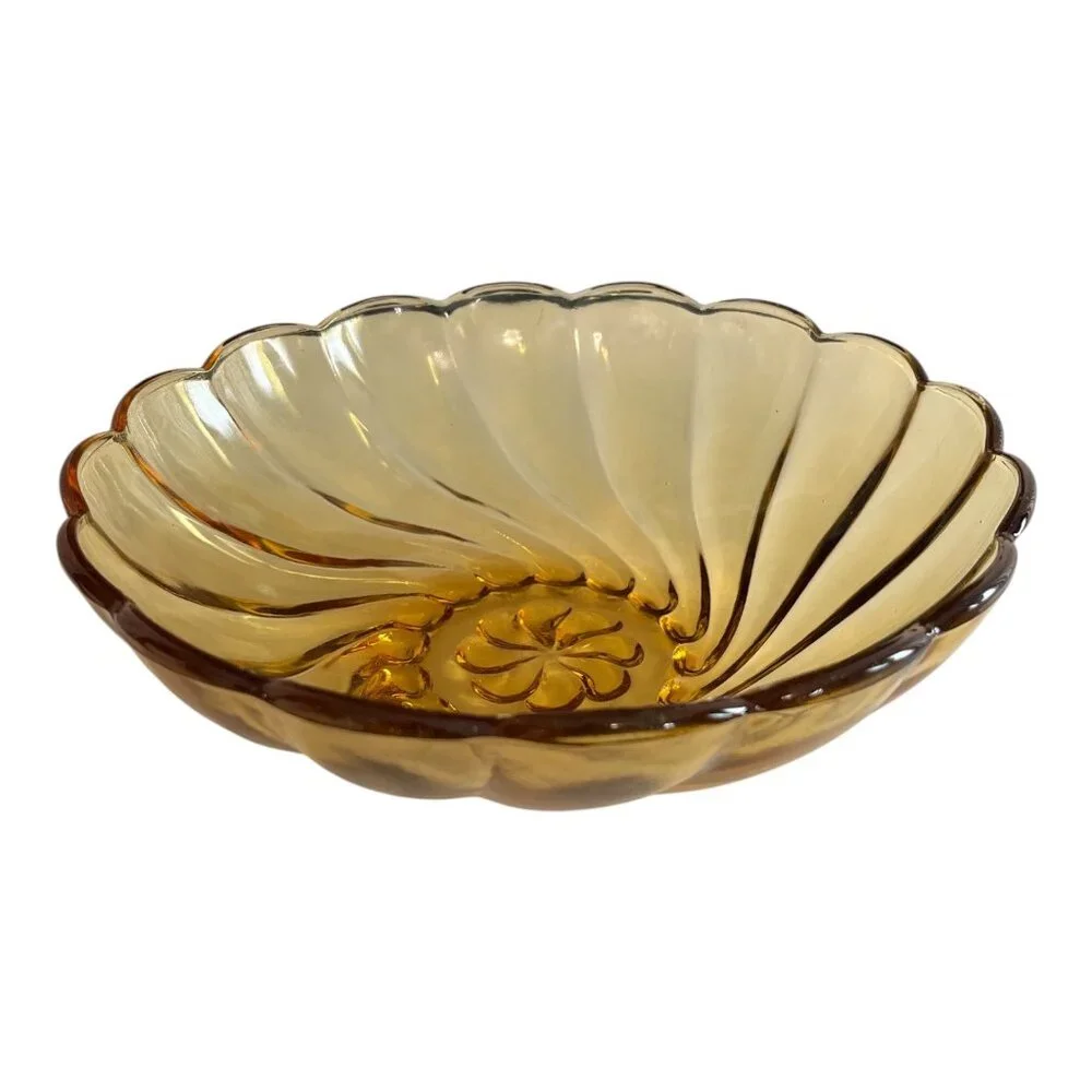 Vintage Hazel-Atlas Amber Swirl Glass Bowl – 9” x 4” – Mid-Century Pressed Glass